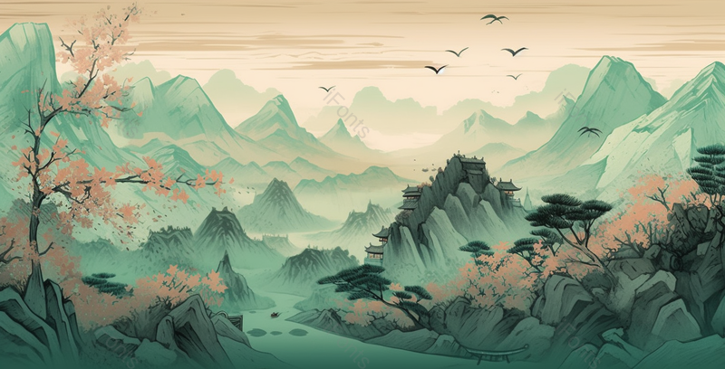 花开满山依山而建的房子新中式淡彩中国风水墨画背景,插画/手绘图,插画/手绘图库,插画/手绘图下载,插画/手绘